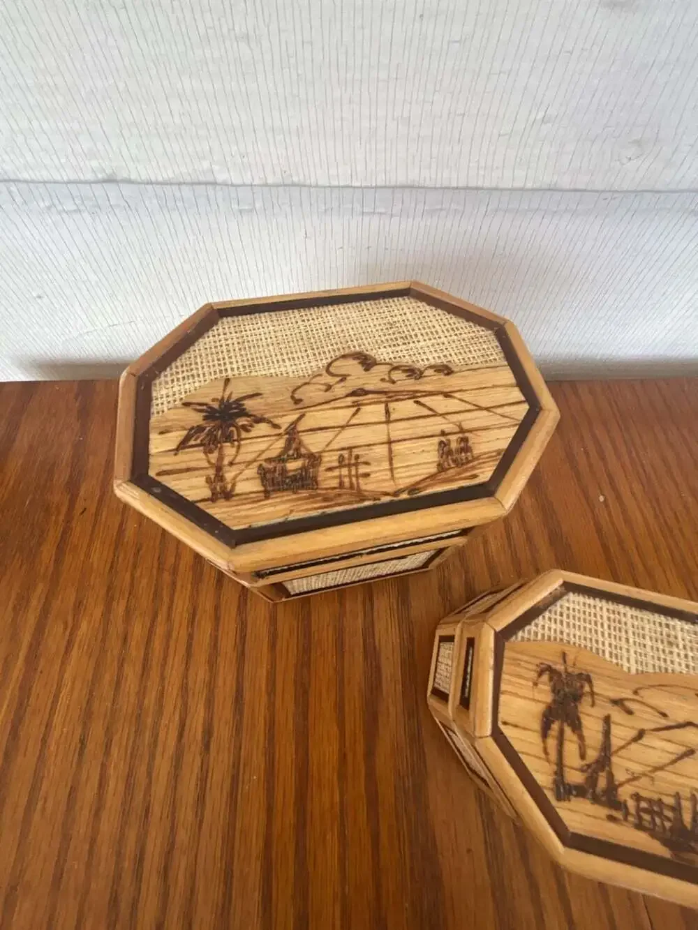 Vintage Philippines Handcrafted Woven Rattan and Bamboo Octagon Trinket Box Set